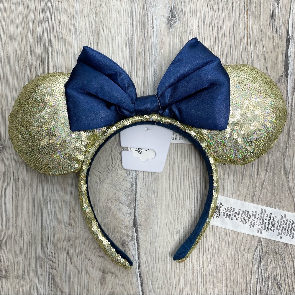 Disney Glittering Gold Ears with Navy Bow